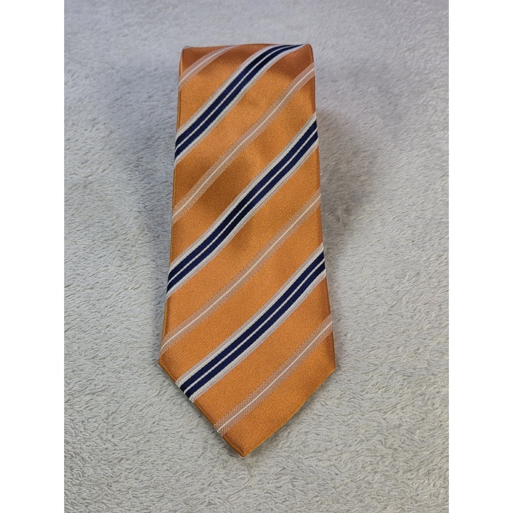 Geoffrey Beene 100% Silk Tie Orange Blue Striped Classic Width Mens Necktie...
